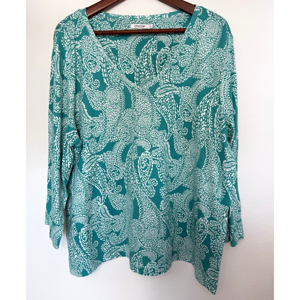 Chico's Green & White Paisley V-Neck 3/4 Sleeve Pullover Blouse Size 4